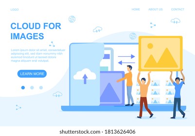 Concept Of Saving Images To The Cloud With Workers Carrying A Photo To Be Shared Over Multiple Digital Devices Behind, Colored Vector Illustration Web Page Template