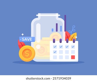 concept of saving and investment. saving regularly. consistent to save. saving money. illustration of a jar filled with coins and a calendar. flat style design. elements