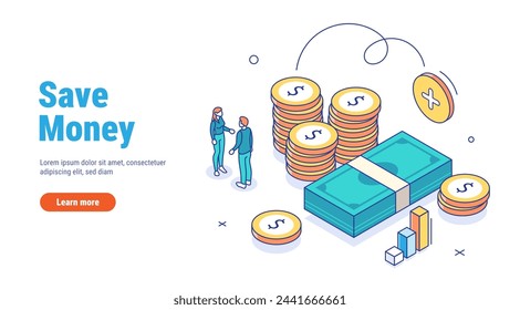 Concepto de ahorro o devolución de dinero. Ilustración vectorial isométrica de contorno. Personajes de personas paradas cerca de una pila de monedas y billetes de oro.