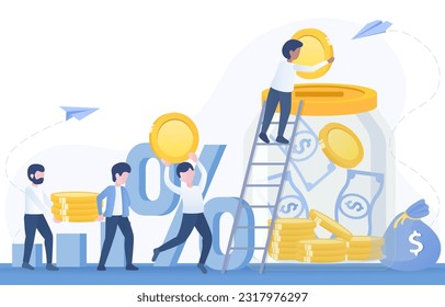 The concept of saving money, financial fund, bank deposit, investment income, accumulation. Man putting coin into piggy bank or bottle jar. Flat vector design illustration with copy space.