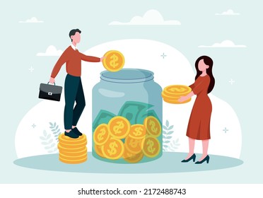 Concept of saving money. Man and woman put gold coins in jar. Correct investments of income or wages. Family budget, financial literacy, fundraising, deposits. Cartoon flat vector illustration.