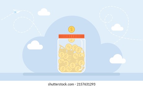 El concepto de ahorrar dinero. Imagen vectorial de las monedas de oro en un frasco de vidrio transparente con tapa. Banco de cerditos para guardar dinero. Jar con dinero. Opción de cómo ahorrar riqueza. Ilustración plana vectorial.