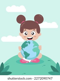 The concept of saving the planet. Earth Day, Save the Earth. Smiling girl hugs the planet Earth. Vector illustration in a flat style. EPS 10.