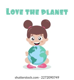 The concept of saving the planet. Earth Day, Save the Earth. Smiling girl hugs the planet Earth. Vector illustration in a flat style. EPS 10.