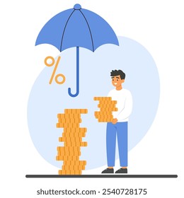 Conceito de poupança e proteção financeira. Estabilidade financeira e gestão de riscos