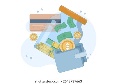 conceito de economizar com segurança, atingir metas de liberdade financeira. gerenciar finanças para riqueza futura. fazer um orçamento. acumular mais riqueza. ilustração vetorial plana com plano de fundo.