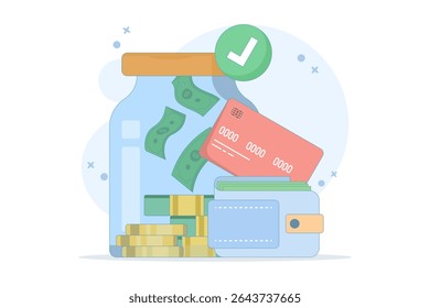 conceito de economizar com segurança, atingir metas de liberdade financeira. gerenciar finanças para riqueza futura. fazer um orçamento. acumular mais riqueza. ilustração vetorial plana com plano de fundo.