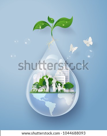 Concept of saving water and Earth, featuring green tree growing from water drop and globe.