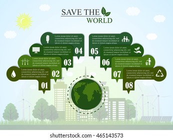 The concept of saving the world. Infographics green. Signs with the text on the background of the city. Vector illustration.