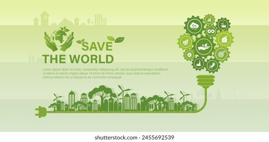 El concepto de salvar el mundo de una manera sostenible y respetuosa con el medio ambiente. Ilustración vectorial de energía verde e ícono verde sobre fondo verde.