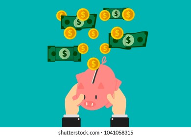 Concept of savings, personal finance, raining money to the piggy bank. Isolated flat design