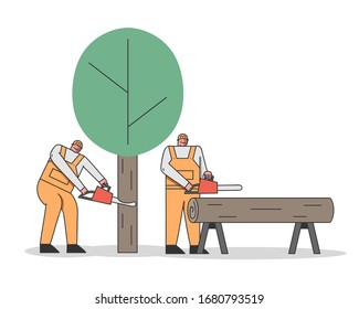 Concept Of Sawmill. Professional Lumberjacks Are Cutting Trees By Chainsaw For The Further Transportation And Processing. Global Deforestation. Cartoon Linear Outline Flat Style. Vector Illustration
