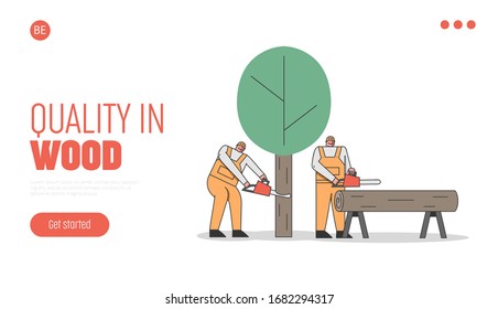 Concept Of Sawmill. Website Landing Page. Professional Lumberjacks Cutting Trees By Chainsaw For The Further Transportation And Processing. Cartoon Linear Outline Flat Vector Illustration