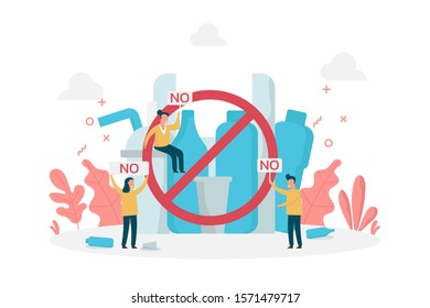 concept of say no to plastics pollution environment with bags, bottle, straw, glass, waste, tiny people, vector flat illustration for web, landing page, ui, banner, editorial, mobile app and flyer.