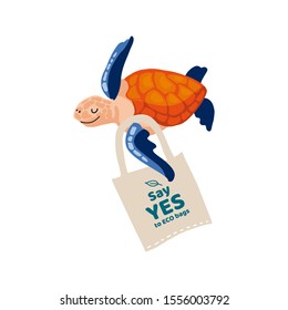 Concept Say yes to organic bags! Vector flat illustration for World Environment Day. A sea turtle with eco bag with the inscription. Save nature! A world without plastic. Banner design