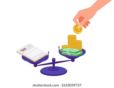 O conceito de escalas em equilíbrio. Ajusta a escala com dinheiro e impostos. Escalas com uma carga de imposto maior do que renda ou dinheiro. Ilustração de ações.