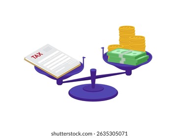 O conceito de escalas em equilíbrio. Ajusta a escala com dinheiro e impostos. Escalas com uma carga de imposto maior do que renda ou dinheiro. Ilustração de ações.