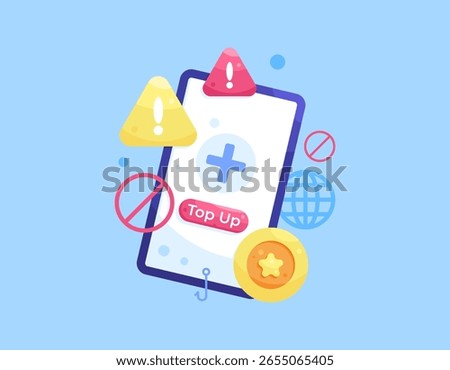 a concept of a scam and dangerous top up application and website. Security and notifications. Illustration of a smartphone with prohibition and warning symbols. Flat style design. Blue background