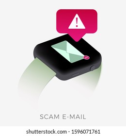 Concept of scam, phishing message or malware notification alert on smartwatch screen. Red alert warning with envelope mail of spam data, ransomware, insecure connection, hacker attack or virus. svg