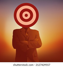 Concept of the scapegoat and arbitrary accusation, with a man whose head is symbolically replaced by a target.