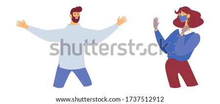 Concept scene with happy man greeting and hugging woman who stops him protective mask and gloves during covid-19. Social distance illustration