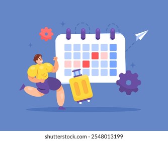 conceito de programação e férias. definição e determinação do tempo para férias. pronto para ir de férias. ilustração de um trabalhador ou funcionário com um calendário e mala. design de estilo plano. elementos