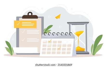 Concept of scheduling or planning. Colorful poster with hourglass, calendar with marked dates and large list of tasks. Effective time management. Cartoon contemporary flat vector illustration