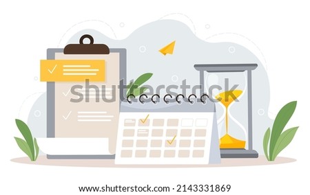 Concept of scheduling or planning. Colorful poster with hourglass, calendar with marked dates and large list of tasks. Effective time management. Cartoon contemporary flat vector illustration