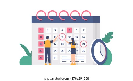 the concept of scheduling and planning, time management. illustration of a team discussing in front of the calendar. flat design. can be used for elements, landing pages, UI, websites.