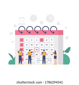 the concept of scheduling and planning, time management. illustration of a team discussing in front of the calendar. flat design. can be used for elements, landing pages, UI, websites.