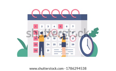 the concept of scheduling and planning, time management. illustration of a team discussing in front of the calendar. flat design. can be used for elements, landing pages, UI, websites.