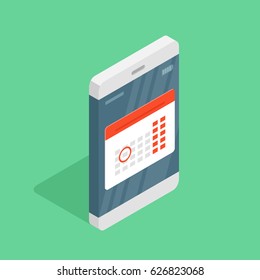 Concept of scheduling tasks on mobile device. Modern smartphone with red calendar in isometric style. Mobile Calendar app. Flat vector illustration