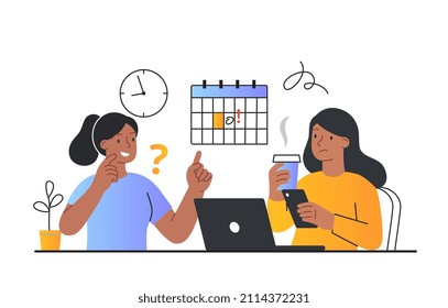 Concept Of Scheduling. Young Girls In Office, Comfortable Workplace. Time Management And Planning, Goal Setting, Calendar And Free Dates. Colleagues And Friends. Cartoon Flat Vector Illustration