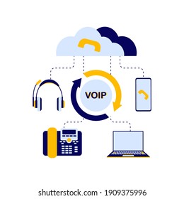 The Concept Of The Scheme Of The Device Of The VOI Telephony System, Includes A Server, Cloud Storage, Laptop Or Computer, Telephone, Headphones For The Operator Who Receives Calls. Flat Vector Illust