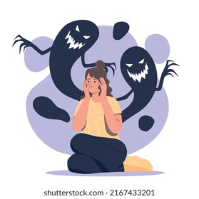 Concept of schizophrenia. Girl sits and looks at ghosts at her back, holding her head in panic in her hands. Fear and feelings. Depression and mental disorders. Cartoon flat vector illustration