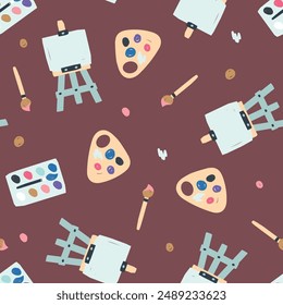 Concept of school background. Back to School Seamless pattern, art supplies background. Vector illustration in flat, simple style. Template for Notebook covers, pattern for wallpapers, textile