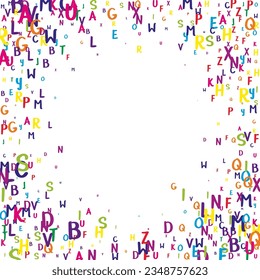 Concept of school background. Colorful childish falling letters of English language. Foreign languages study concept. Back to school banner on white background.