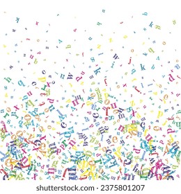 Concept of school background. Colorful childish falling letters of English language. Foreign languages study concept. Back to school banner on white background.