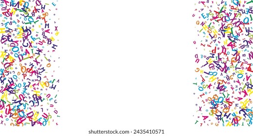 Concept of school background. Colorful childish falling letters of English language. Foreign languages study concept. Back to school banner on white background.