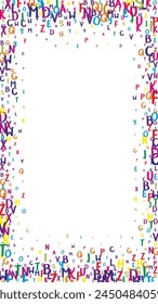 Concept of school background. Colorful childish falling letters of English language. Foreign languages study concept. Back to school banner on white background.