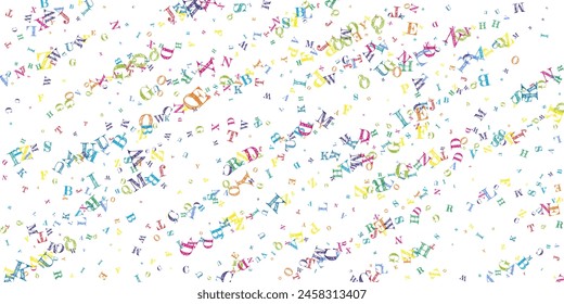 Concept of school background. Colorful childish falling letters of English language. Foreign languages study concept. Back to school banner on white background.
