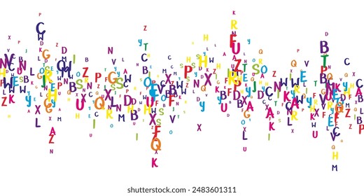 Concept of school background. Colorful childish falling letters of English language. Foreign languages study concept. Back to school banner on white background.
