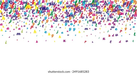 Concept of school background. Colorful childish falling letters of English language. Foreign languages study concept. Back to school banner on white background.