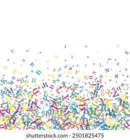 Concept of school background. Colorful childish falling letters of English language. Foreign languages study concept. Back to school banner on white background.
