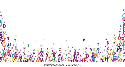 Concept of school background. Colorful childish falling letters of English language. Foreign languages study concept. Back to school banner on white background.