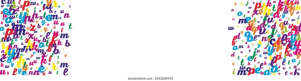 Concept of school background. Colorful childish falling letters of English language. Foreign languages study concept. Back to school banner on white background.