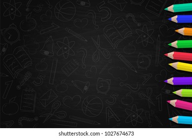 Concept of a school background with coloured pencils and cute doodles. Vector.