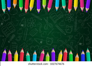 Concept Of A School Background With Coloured Pencils And Cute Doodles. Vector.