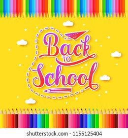 Concept of a school background with coloured pencils and lettering inscription, decorated hand-drawn elements. Vector illustration.