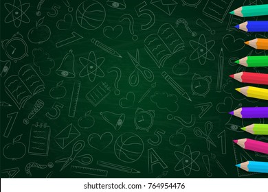 Concept of school background with coloured pencils and funny sketch. Vector.